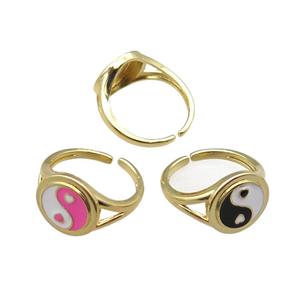 mix copper rings with enameled, yinyang, adjustable, gold plated, approx 13mm, 18mm dia [FN22524]