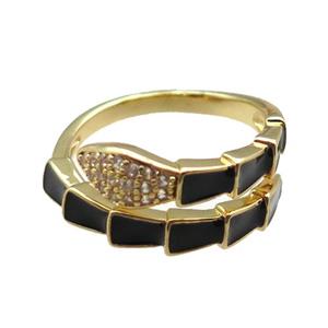copper snake rings paved zircon with black enameled, adjustable, gold plated, approx 9mm, 18mm dia [FN22525]