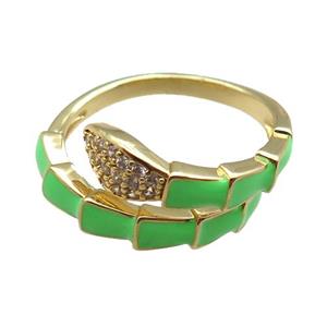 copper snake rings paved zircon with green enameled, adjustable, gold plated, approx 9mm, 18mm dia [FN22527]