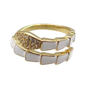copper snake rings paved zircon with white enameled, adjustable, gold plated, approx 9mm, 18mm dia [FN22529]