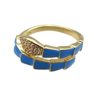 copper snake rings paved zircon with blue enameled, adjustable, gold plated, approx 9mm, 18mm dia [FN22530]