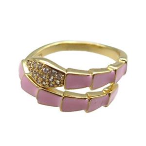 copper snake rings paved zircon with pink enameled, adjustable, gold plated, approx 9mm, 18mm dia [FN22531]