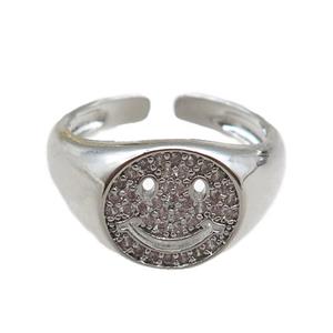copper rings paved zircon with smileface emoji, adjustable, platinum plated, approx 11mm, 18mm dia [FN22540]