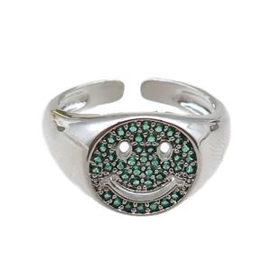 copper rings paved green zircon with smileface emoji, adjustable, platinum plated, approx 11mm, 18mm dia [FN22541]