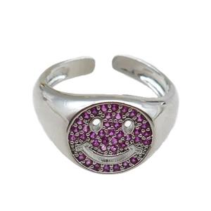 copper rings paved zircon with smileface emoji, adjustable, platinum plated, approx 11mm, 18mm dia [FN22542]