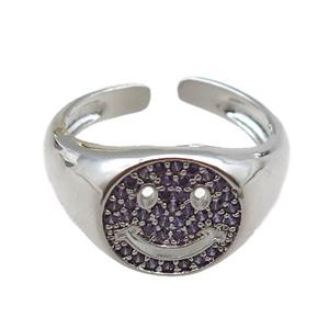 copper rings paved zircon with smileface emoji, adjustable, platinum plated, approx 11mm, 18mm dia [FN22543]