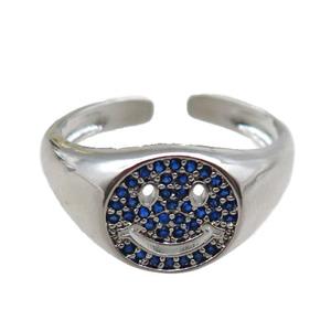 copper rings paved blue zircon with smileface emoji, adjustable, platinum plated, approx 11mm, 18mm dia [FN22544]
