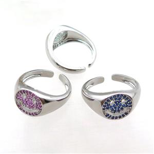 mix copper rings paved zircon with smileface emoji, adjustable, platinum plated, approx 11mm, 18mm dia [FN22545]