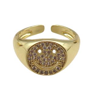 copper rings paved zircon with smileface emoji, adjustable, gold plated, approx 11mm, 18mm dia [FN22546]