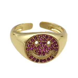 copper rings paved pink zircon with smileface emoji, adjustable, gold plated, approx 11mm, 18mm dia [FN22547]