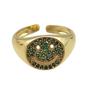 copper rings paved green zircon with smileface emoji, adjustable, gold plated, approx 11mm, 18mm dia [FN22548]