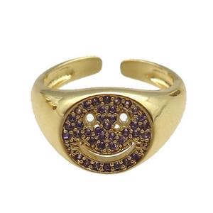 copper rings paved purple zircon with smileface emoji, adjustable, gold plated, approx 11mm, 18mm dia [FN22549]