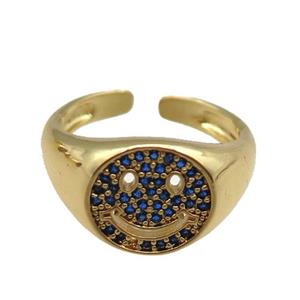 copper rings paved blue zircon with smileface emoji, adjustable, gold plated, approx 11mm, 18mm dia [FN22550]