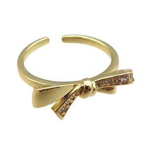 copper rings paved zircon, knot, adjustable, gold plated, approx 7-20mm, 18mm dia [FN22563]