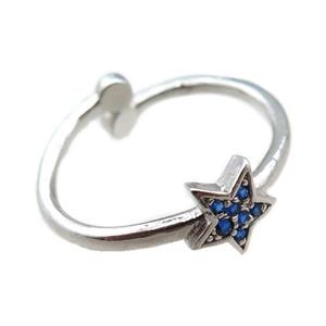 adjustable copper ring with star pave blue zircon, platinum plated, approx 8mm, 18mm dia [FN22576]