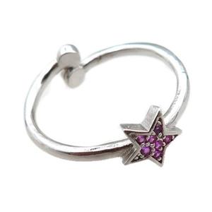 adjustable copper ring with star pave hotpink zircon, platinum plated, approx 8mm, 18mm dia [FN22577]
