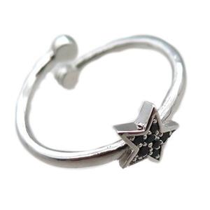 adjustable copper ring with star pave black zircon, platinum plated, approx 8mm, 18mm dia [FN22579]