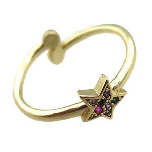 adjustable copper ring with star pave zircon, gold plated, approx 8mm, 18mm dia [FN22581]