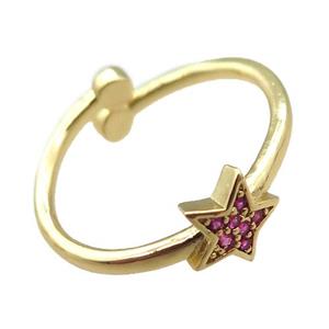 adjustable copper ring with star pave hotpink zircon, gold plated, approx 8mm, 18mm dia [FN22582]