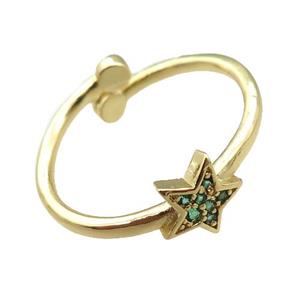 adjustable copper ring with star pave green zircon, gold plated, approx 8mm, 18mm dia [FN22583]