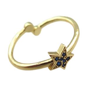 adjustable copper ring with star pave blue zircon, gold plated, approx 8mm, 18mm dia [FN22584]