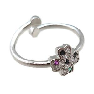 adjustable copper ring with clover pave zircon, platinum plated, approx 8mm, 18mm dia [FN22585]