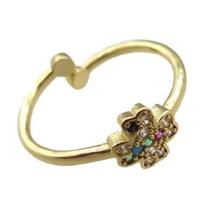 adjustable copper ring with clover pave zircon, gold plated, approx 8mm, 18mm dia [FN22586]