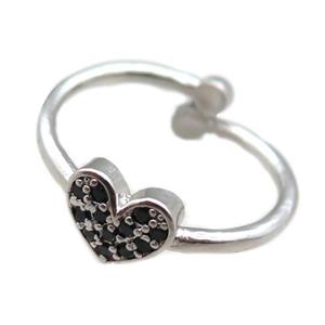 adjustable copper ring with heart pave zircon, platinum plated, approx 8mm, 18mm dia [FN22587]
