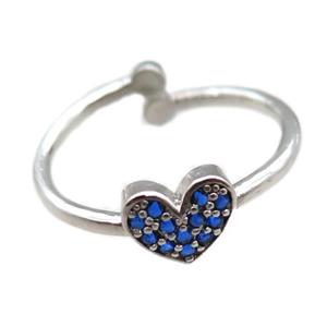 adjustable copper ring with heart pave blue zircon, platinum plated, approx 8mm, 18mm dia [FN22588]