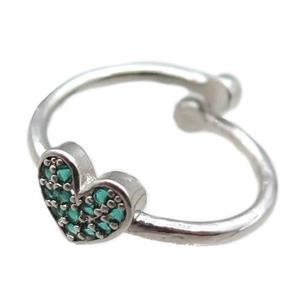 adjustable copper ring with heart pave green zircon, platinum plated, approx 8mm, 18mm dia [FN22589]