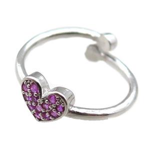 adjustable copper ring with heart pave hotpink zircon, platinum plated, approx 8mm, 18mm dia [FN22590]