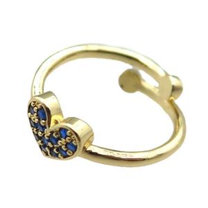 adjustable copper ring with heart pave blue zircon, gold plated, approx 8mm, 18mm dia [FN22592]