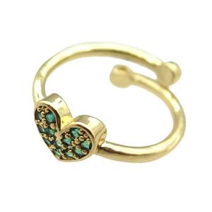 adjustable copper ring with heart pave green zircon, gold plated, approx 8mm, 18mm dia [FN22593]