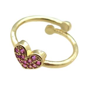 adjustable copper ring with heart pave hotpink zircon, gold plated, approx 8mm, 18mm dia [FN22594]