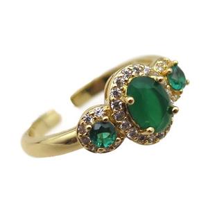 adjustable copper ring pave green zircon, gold plated, approx 9-15mm, 18mm dia [FN22598]