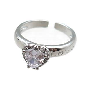 adjustable copper ring with heart pave zircon, platinum plated, approx 9mm, 18mm dia [FN22601]