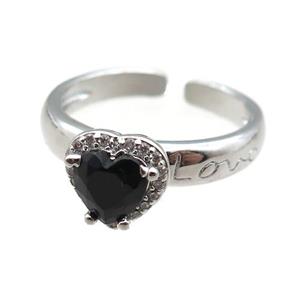adjustable copper ring with heart pave zircon, platinum plated, approx 9mm, 18mm dia [FN22602]