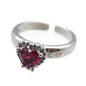 adjustable copper ring with heart pave hotpink zircon, platinum plated, approx 9mm, 18mm dia [FN22603]