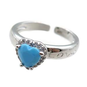adjustable copper ring with heart pave zircon, platinum plated, approx 9mm, 18mm dia [FN22604]
