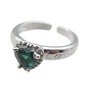adjustable copper ring with heart pave green zircon, platinum plated, approx 9mm, 18mm dia [FN22605]