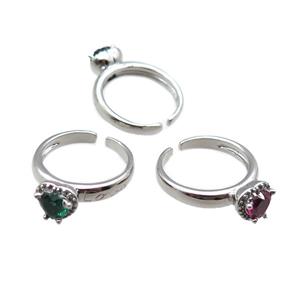 adjustable copper ring with heart pave zircon, mix, platinum plated, approx 9mm, 18mm dia [FN22606]
