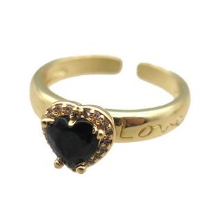 adjustable copper ring with heart pave zircon, gold plated, approx 9mm, 18mm dia [FN22607]