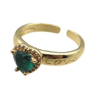 adjustable copper ring with heart pave green zircon, gold plated, approx 9mm, 18mm dia [FN22608]