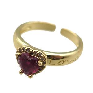 adjustable copper ring with heart pave zircon, gold plated, approx 9mm, 18mm dia [FN22609]