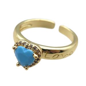 adjustable copper ring with heart pave zircon, gold plated, approx 9mm, 18mm dia [FN22610]