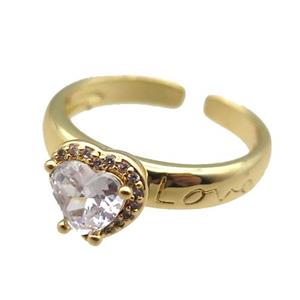 adjustable copper ring with heart pave zircon, gold plated, approx 9mm, 18mm dia [FN22611]