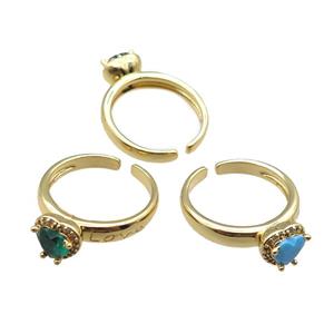 adjustable copper ring with heart pave zircon, mix, gold plated, approx 9mm, 18mm dia [FN22612]