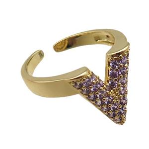 adjustable copper ring pave purple zircon, gold plated, approx 14mm, 18mm dia [FN22639]