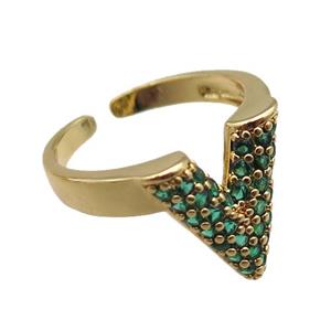 adjustable copper ring pave green zircon, gold plated, approx 14mm, 18mm dia [FN22640]