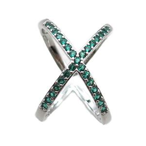 adjustable copper ring pave green zircon, plastinum plated, approx 16-20mm, 18mm dia [FN22646]